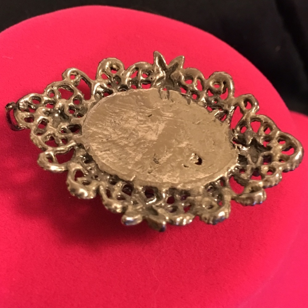 Vintage Floral Cameo Pendant | Coral & Cream Rose Cameo | Ornate Filigree - Picture 4 of 5